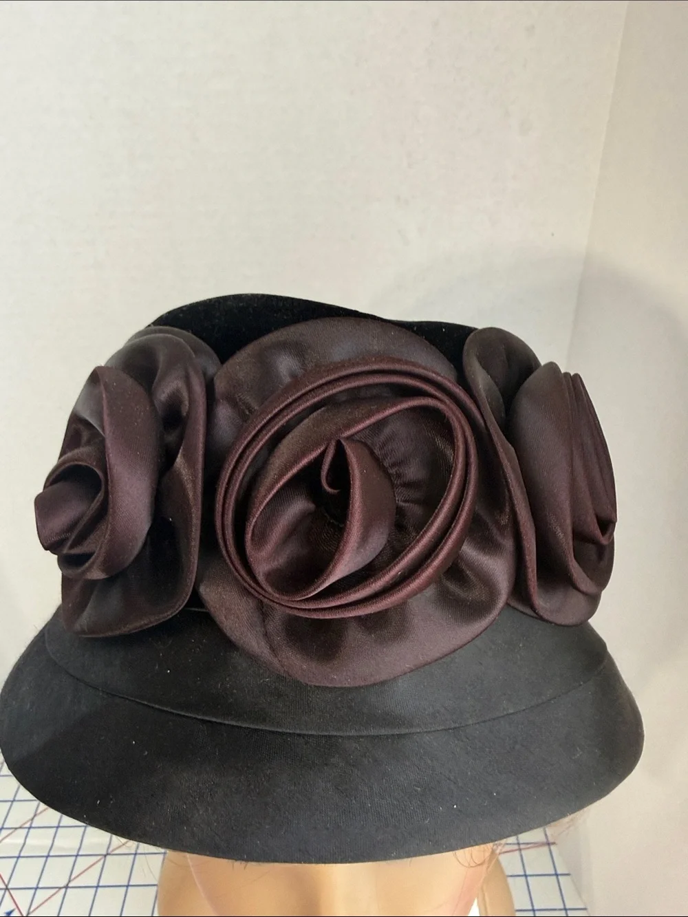 Vintage 1960s Black Velvet Hat Satin Roses Union Made Mod Cloche
